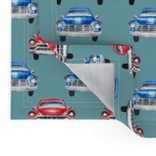 red and blue watercolor oldtimer cars - teal