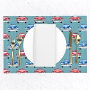 red and blue watercolor oldtimer cars - teal