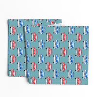 red and blue watercolor oldtimer cars - teal