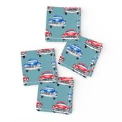 red and blue watercolor oldtimer cars - teal