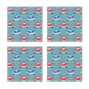 red and blue watercolor oldtimer cars - teal
