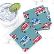 red and blue watercolor oldtimer cars - teal