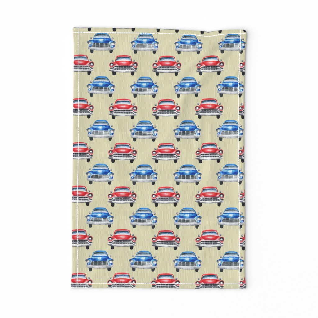 red and blue watercolor oldtimer cars - cream