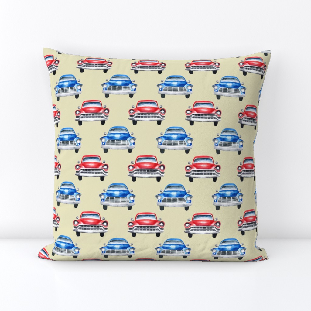 red and blue watercolor oldtimer cars - cream