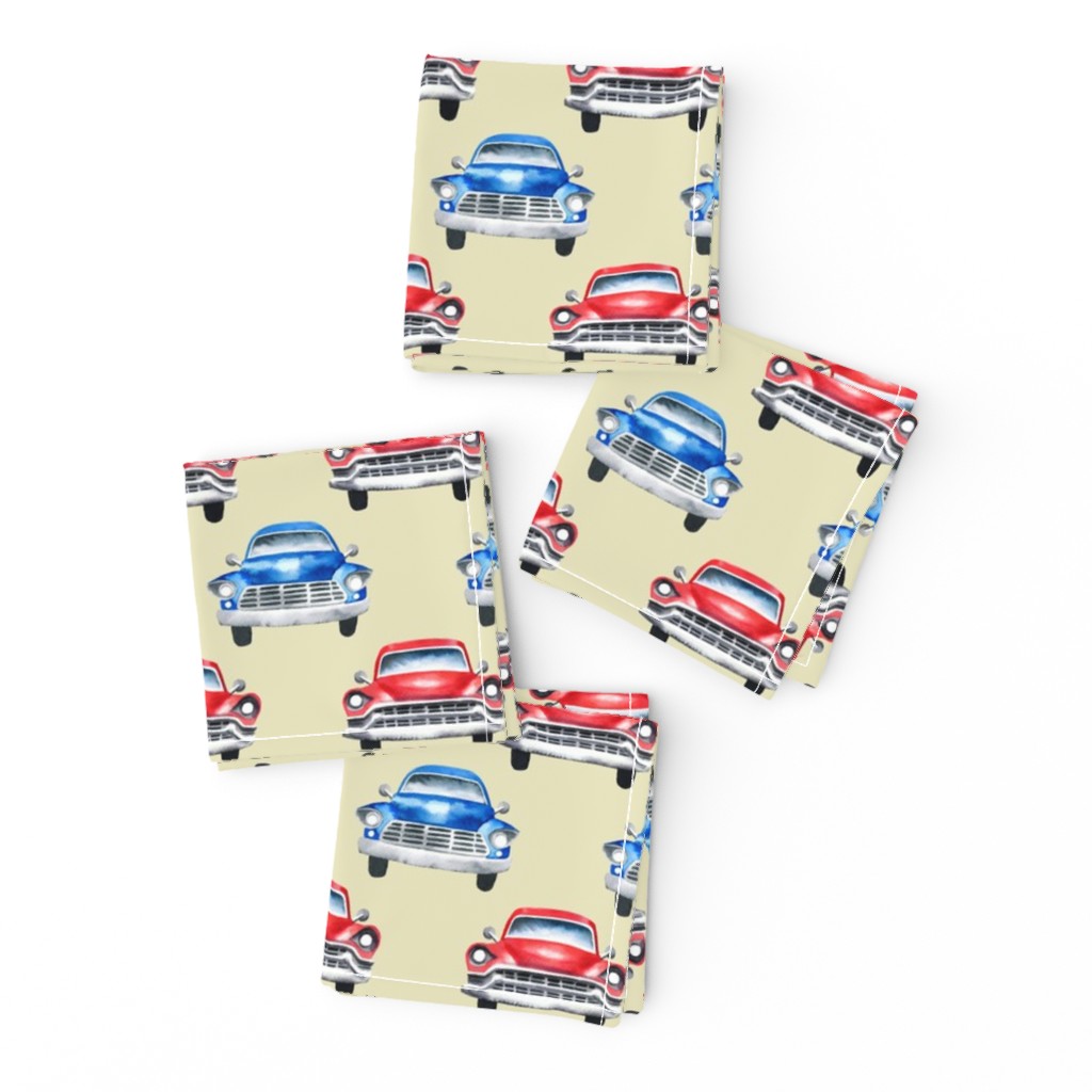 red and blue watercolor oldtimer cars - cream