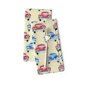 red and blue watercolor oldtimer cars - cream