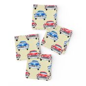 red and blue watercolor oldtimer cars - cream