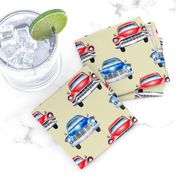 red and blue watercolor oldtimer cars - cream