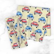 red and blue watercolor oldtimer cars - cream