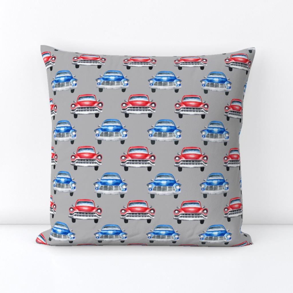 red and blue watercolor oldtimer cars - grey