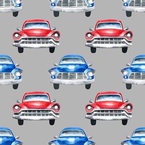 red and blue watercolor oldtimer cars - grey