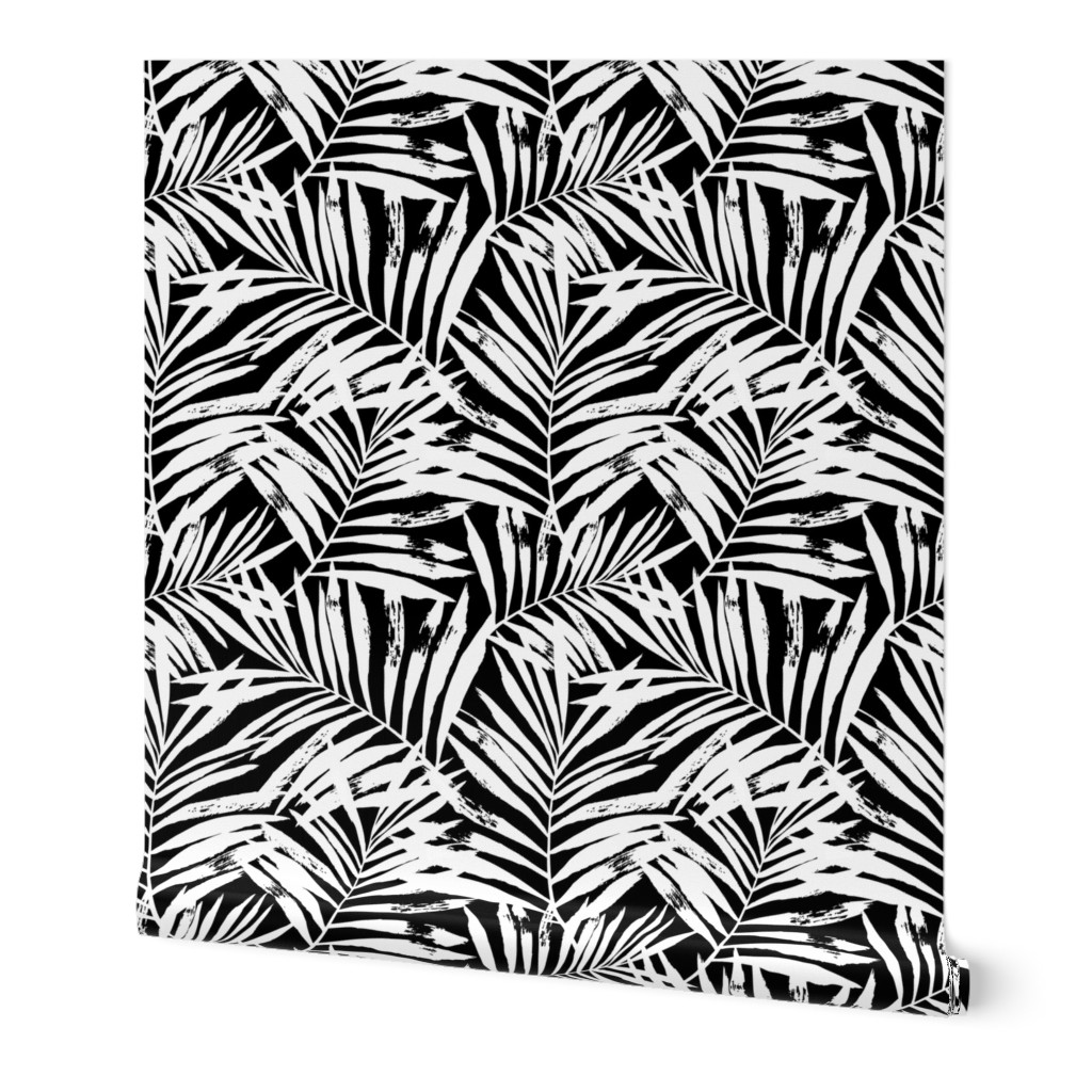 brush palm leaves - white on black, large