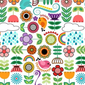 Colorful Scandinavian Flowers, Rain Clouds, Birds and Swirls