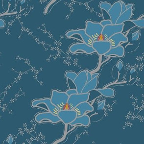 Magnolias on teal and gray lace