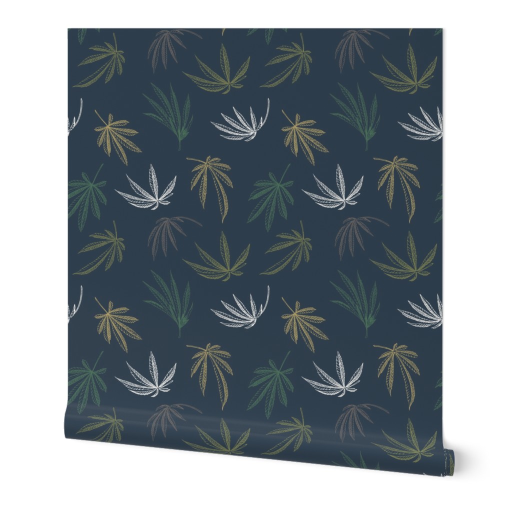 Seamless pattern of hemp plant on a dark background cannabis texture