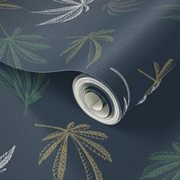 Seamless pattern of hemp plant on a dark background cannabis texture