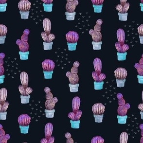 Watercolor Purple Cacti - DeepBlue