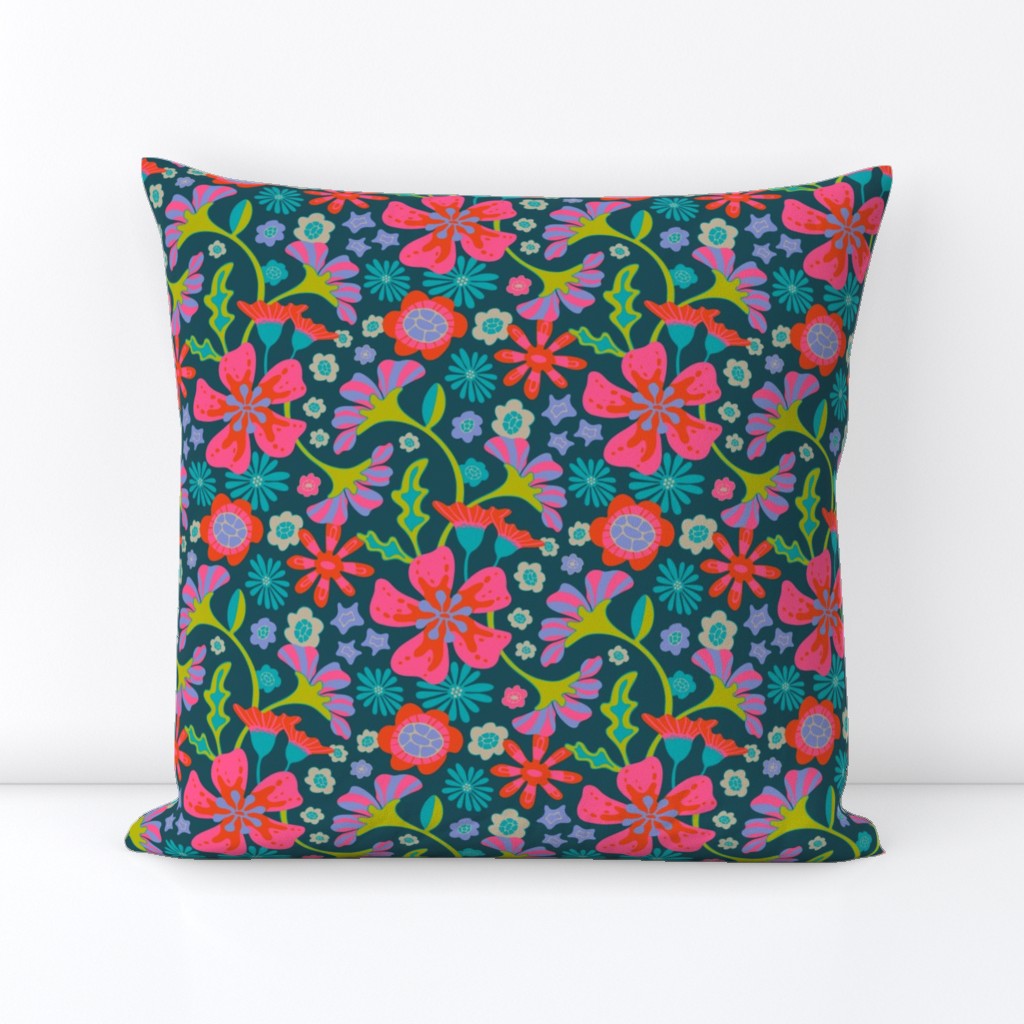 Pop Floral Bright Flowers in Fuchsia Pink Purple Orange Turquoise Gray Blue - SMALL Scale - UnBlink Studio by Jackie Tahara