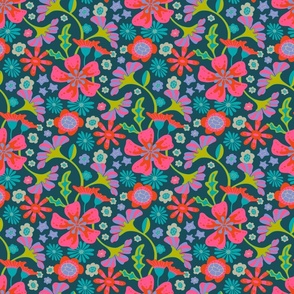 Pop Floral Bright Flowers in Fuchsia Pink Purple Orange Turquoise Gray Blue - SMALL Scale - UnBlink Studio by Jackie Tahara