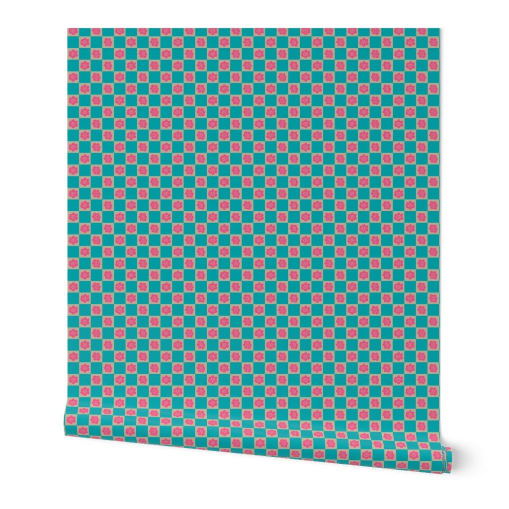 Little Checkers Pop Bright Retro Floral Geometric Checkerboard in Fuchsia Pink Turquoise Gray - MEDIUM Scale - UnBlink Studio by Jackie Tahara