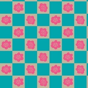 Little Checkers Pop Bright Retro Floral Geometric Checkerboard in Fuchsia Pink Turquoise Gray - MEDIUM Scale - UnBlink Studio by Jackie Tahara