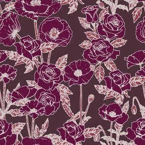 Roses and poppies maroon