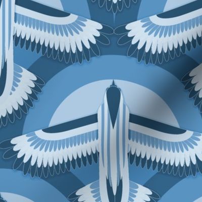 Modern Art Deco Blue Geometric Flying Bird, Bird in Flight Animal Print Wallpaper, Shades of Blue