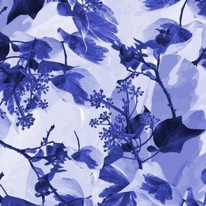 Dark Midnight Blue Monochrome Ivy Leaf Pattern, Botanic Garden Flora and Fauna, Ivy Leaves and Wild Berries