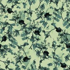 Green Monochrome Ivy Leaf Pattern, Botanic Garden Flora and Fauna, Wild Ivy Leaves and Berries