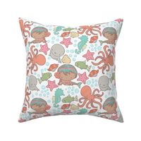 Cute Kawaii African American Mermaid Underwater-Themed Children's Fabric with Octopus, Seals, Seahorses, Fish, shells, Peach - Small