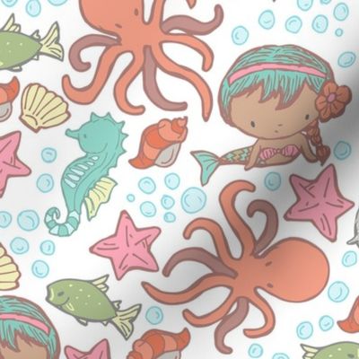 Cute Kawaii African American Mermaid Underwater-Themed Children's Fabric with Octopus, Seals, Seahorses, Fish, shells, Peach - Small