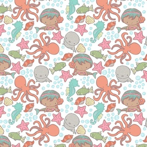 Cute Kawaii African American Mermaid Underwater-Themed Children's Fabric with Octopus, Seals, Seahorses, Fish, shells, Peach - Small