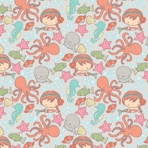 Cute Kawaii Mermaid Underwater-Themed Children's Fabric with Octopus, Seals, Seahorses, Fish, shells, Peach Gray - Small