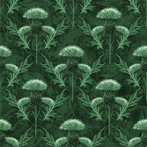Art Nouveau Dark Green Thistles Scotland Floral Wilderness, Emerald Green Toile Highland Floral Native Plant, Scotland Tradition Botanical Weeds Scottish Heraldry