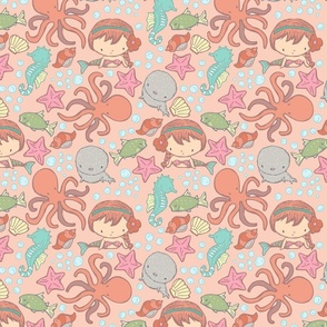 Cute Kawaii Mermaid Underwater-Themed Children's Fabric with Octopus, Seals, Seahorses, Fish, shells, Peach Coral - Small