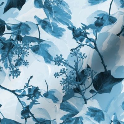 Midnight Sky Blue Monochromatic Ivy Leaf Pattern, Botanical Ivy Leaves and Berries at Night time