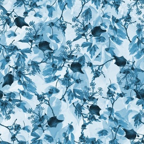 Midnight Sky Blue Monochromatic Ivy Leaf Pattern, Botanical Ivy Leaves and Berries at Night time