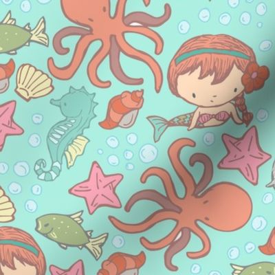 Cute Kawaii Mermaid Underwater-Themed Children's Fabric with Octopus, Seals, Seahorses, Fish, shells, Peach Aqua - small