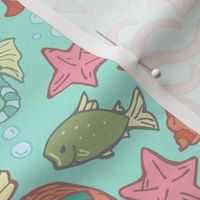 Cute Kawaii Mermaid Underwater-Themed Children's Fabric with Octopus, Seals, Seahorses, Fish, shells, Peach Aqua - small