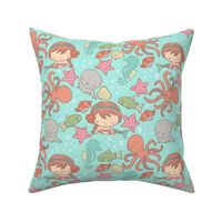 Cute Kawaii Mermaid Underwater-Themed Children's Fabric with Octopus, Seals, Seahorses, Fish, shells, Peach Aqua - small