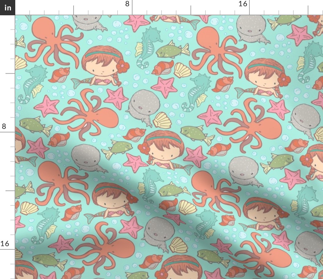 Cute Kawaii Mermaid Underwater-Themed Children's Fabric with Octopus, Seals, Seahorses, Fish, shells, Peach Aqua - small