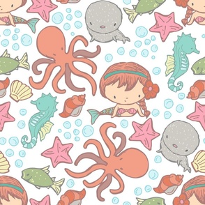 Cute Kawaii Mermaid Underwater-Themed Children's Fabric with Octopus, Seals, Seahorses, Fish, shells, Peach - Large
