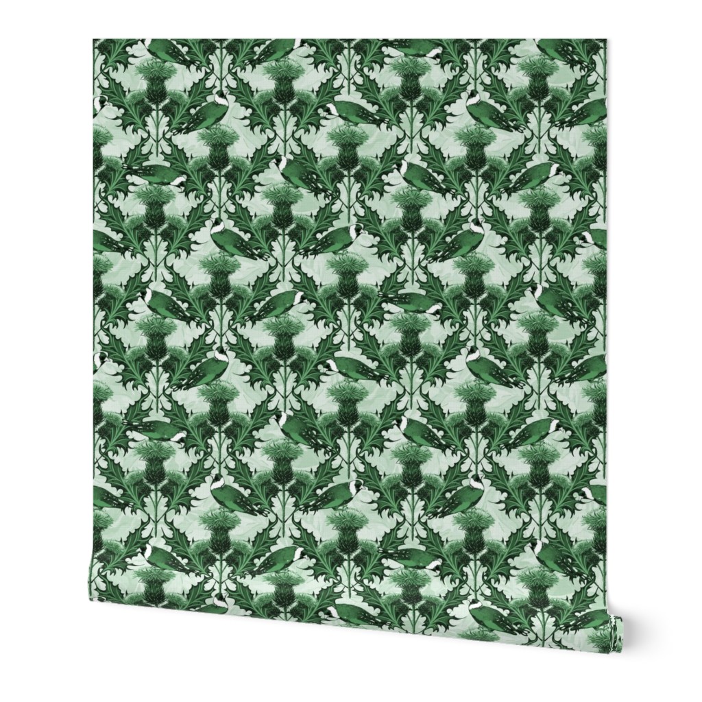 Hunter Green Toile De Jouy Scottish Thistles | Green Monochrome Toile Thistles Emerald Green Leaves | Green Thistle Soft Light Green Light Linen Texture Scottish Heraldry