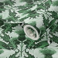 Hunter Green Toile De Jouy Scottish Thistles | Green Monochrome Toile Thistles Emerald Green Leaves | Green Thistle Soft Light Green Light Linen Texture Scottish Heraldry