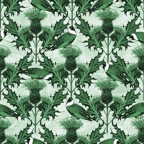 Hunter Green Toile De Jouy Scottish Thistles | Green Monochrome Toile Thistles Emerald Green Leaves | Green Thistle Soft Light Green Light Linen Texture Scottish Heraldry