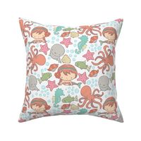 Cute Kawaii Ethnic Mermaid Underwater-Themed Children's Fabric with Octopus, Seals, Seahorses, Fish, shells, Peach - Small