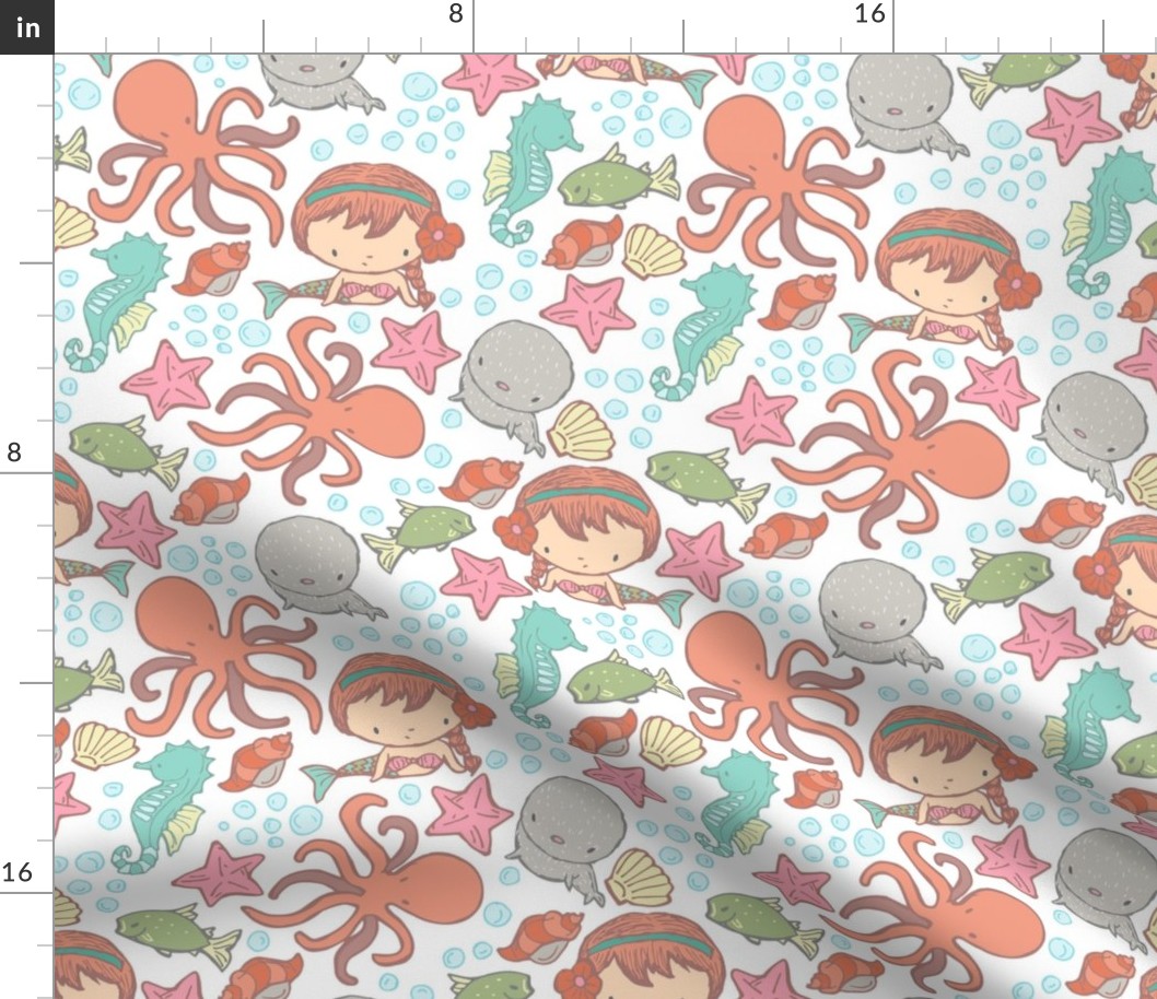 Cute Kawaii Ethnic Mermaid Underwater-Themed Children's Fabric with Octopus, Seals, Seahorses, Fish, shells, Peach - Small