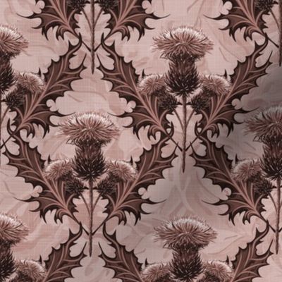 Coffee Brown Toile De Jouy Scottish Thistle Farmhouse Decor | Ornate Floral Sepia Brown Monochrome Thistles | Aesthetic Brown Textured Background Cabin Core