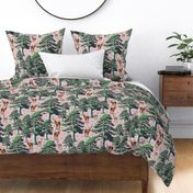 Majestic Woodland Animals, Pine Forest Setting, Wild Deer Stag Doe Baby Fawn, Tall Green Trees on Pink