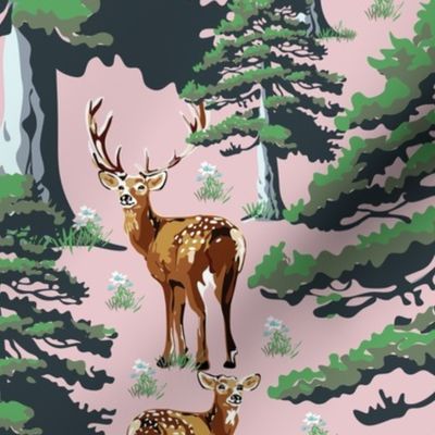 Majestic Woodland Animals, Pine Forest Setting, Wild Deer Stag Doe Baby Fawn, Tall Green Trees on Pink